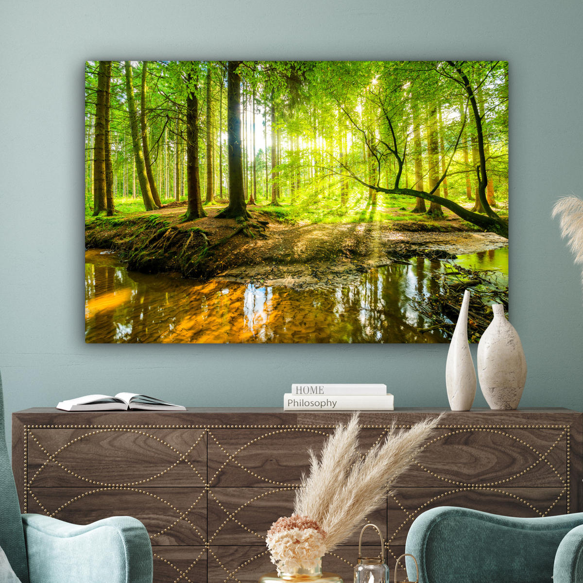 LEINWANDBILD Wald - Landschaft - Wasser - Bäume - Sonne - Grün - Natur Wohnzimmer 120x80 cm - Grün, Textil (120/80cm) - MuchoWow