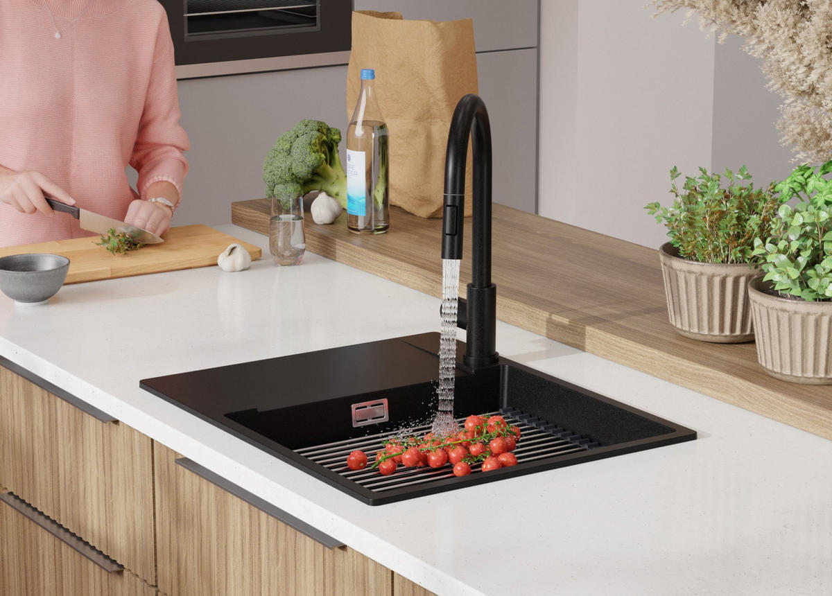 SPÜLBECKEN San Francisco, 2-er set Alles Schwarz 62/50 cm 1 Becken + Ablauf-Set + Aufrollbare Abtropffläche ab 50er Unterschrank - Schwarz, Kunststoff (62/20/50cm) - Primagran