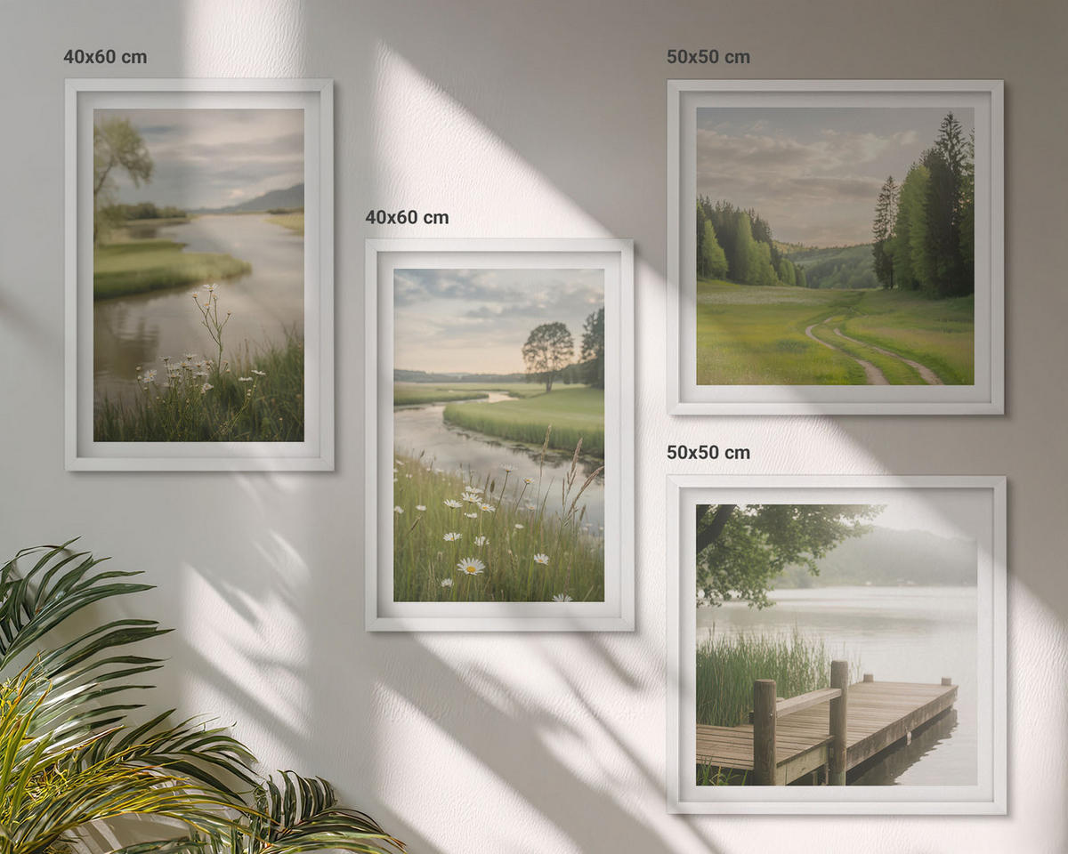BILDER SET 4er Set - 50x50 cm & 40x60 cm Weißer Rahmen - Sommerlandschaften Flusswiese - Weiß, Kunststoff (50/50cm) - TULUP