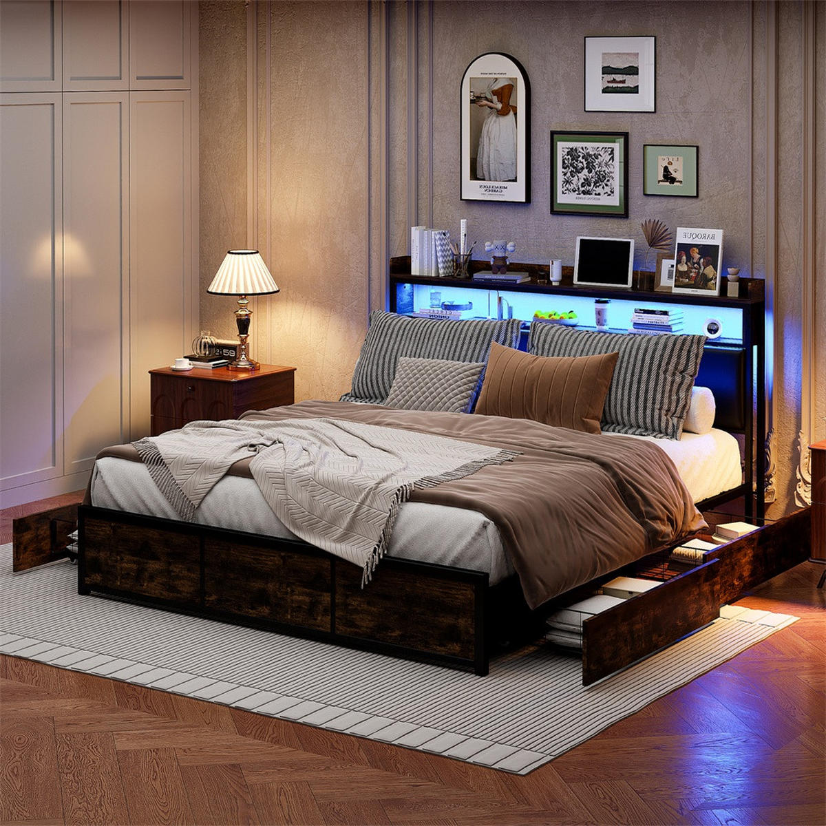 METALLBETT 180x200 cm - Kopfteil Regal & LED Beleuchtung - 4 Schubladen - ohne Matratze - Schwarz & Braun - Braun, Metall (180/200cm) - DELFA