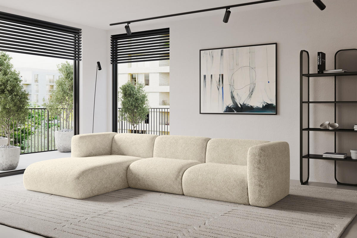 ECKSOFA Ottomane Links MIRA-L1 227x179x89 Creme Velours - Creme/Schwarz, Holzwerkstoff/Kunststoff (227/179cm) - ALTDECOR