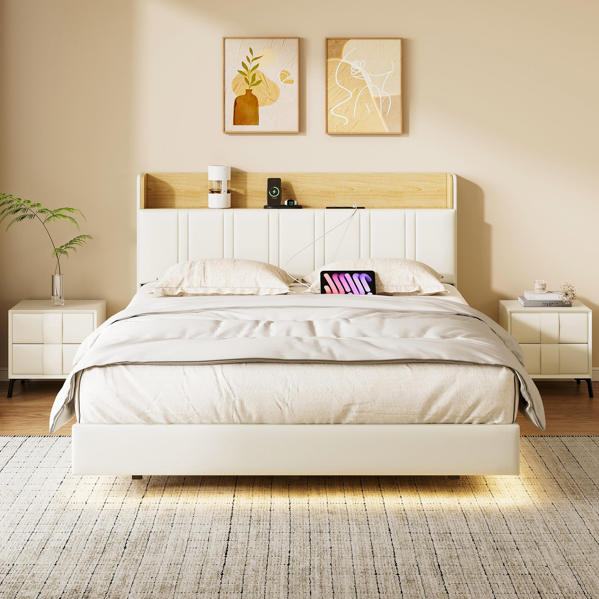 TAPACIRANI KREVET 160/200 cm s LED i PROSTOR ZA ODLAGANJE - bijela, drvo (160/200cm) - SHOPENTRA