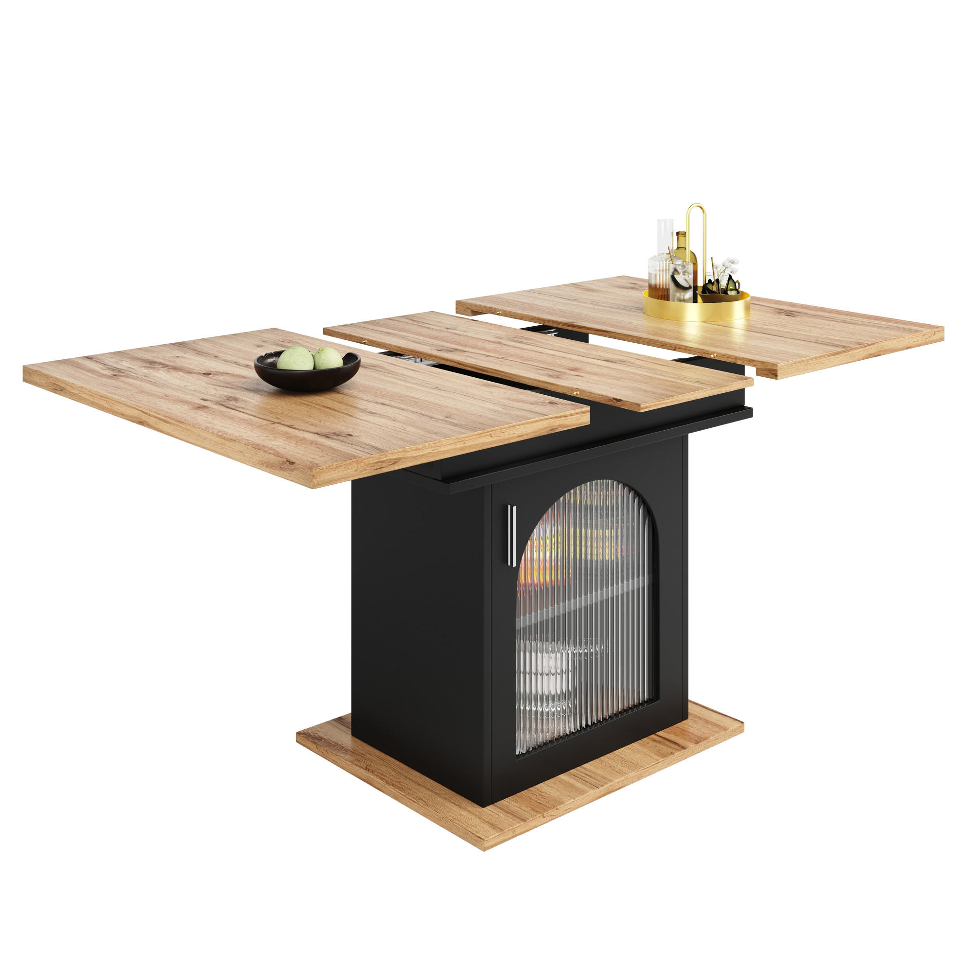 ESSTISCH 110-140x80x76 cm in Schwarz aus MDF mit Regenbogen-Glastüren und 3 Ablagen ausziehbar - Schwarz, Holzwerkstoff (140/80/76cm) - Modfu