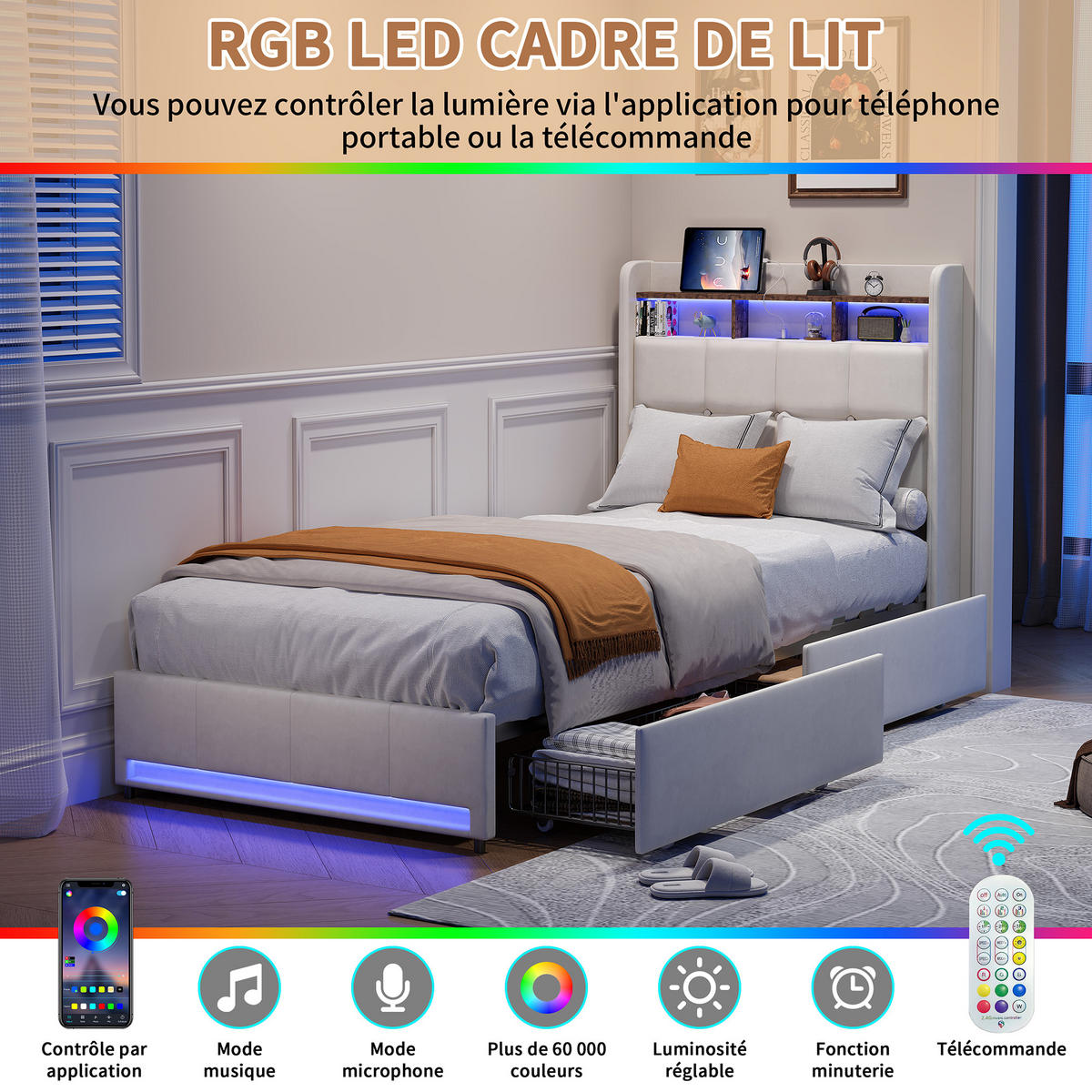 ĽANOVÁ posteľ 90x200cm béžová LED 2 zásuvky USB typ-C - béžová, kompozitné drevo - SHOPENTRA