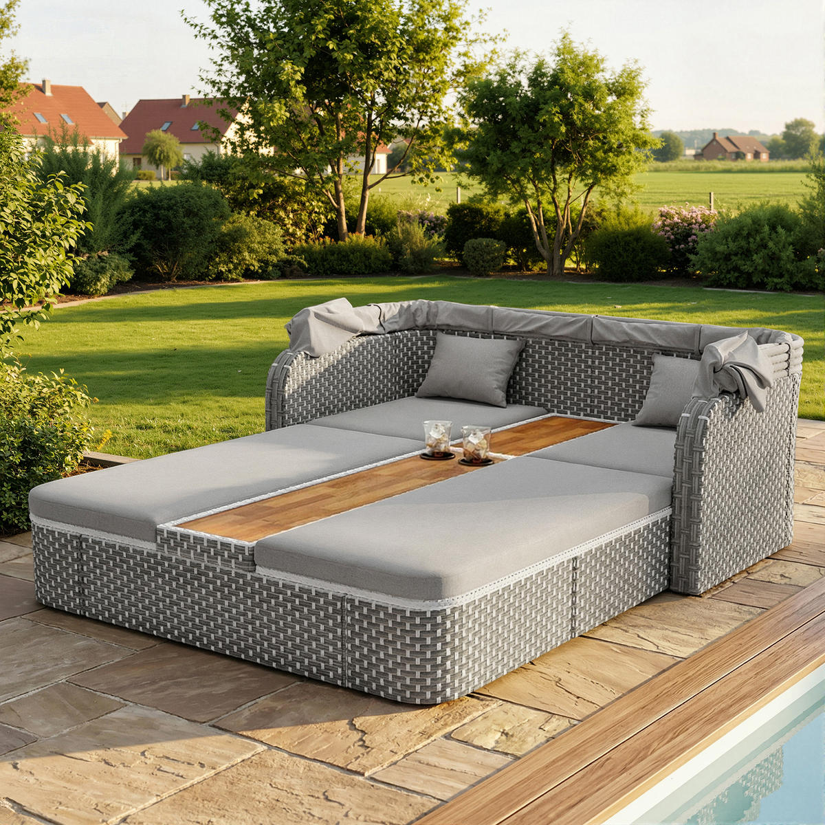 LOUNGESET Beige/Grau Mit Sonnenschutz & Pavillon - Grau, Textil (160/137/192cm) - FLIEKS