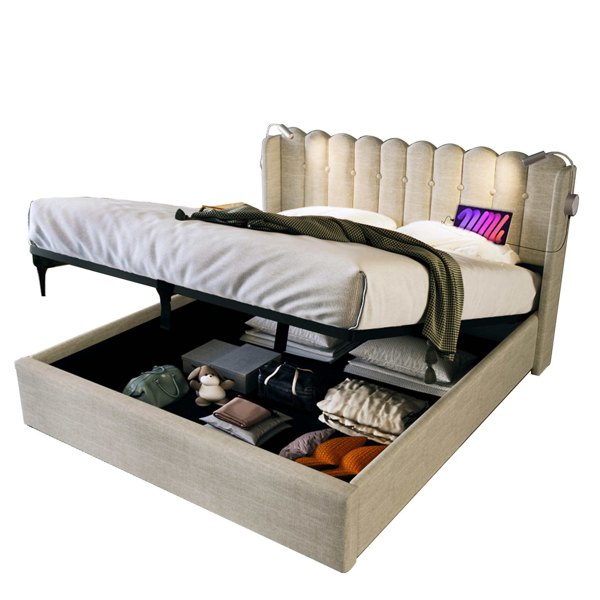 POLSTERBETT mit Bettkasten 140x200 cm Leinen Beige USB & Leselicht - Beige, Metall (140/200cm) - Meubliv