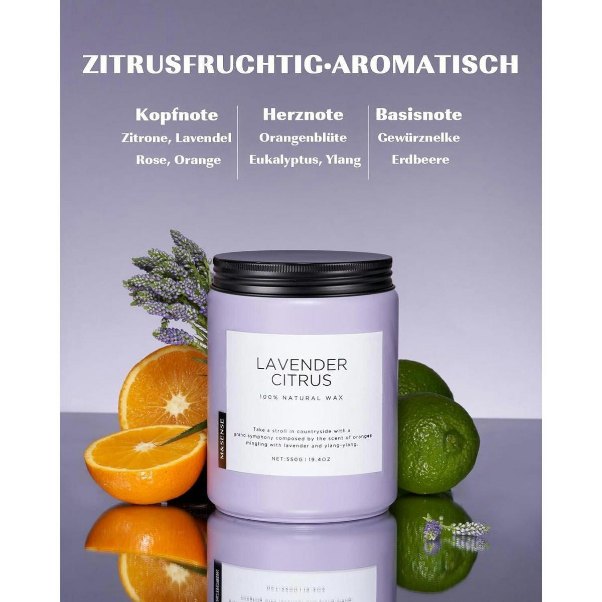 DUFTKERZE Lavendel Zitrus mit 2 Dochten 550g - Flieder, Paraffin (13cm)