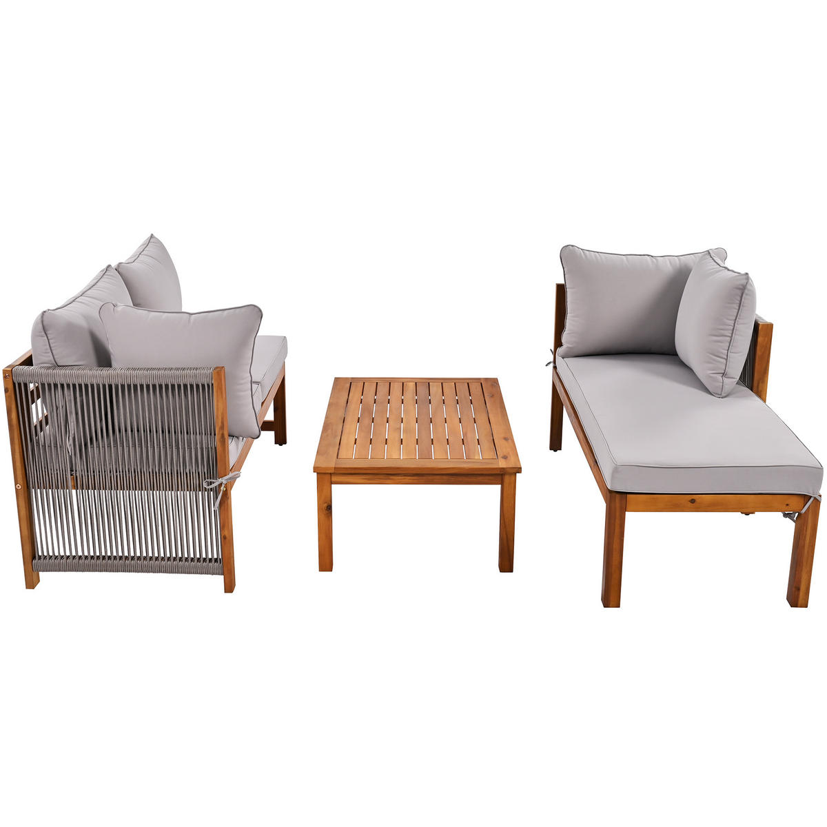 GARTENLOUNGE-SET Grau 3-teilig aus Akazienholz mit Seilflechterei & Couchtisch - Grau, Holz - PANGIVO