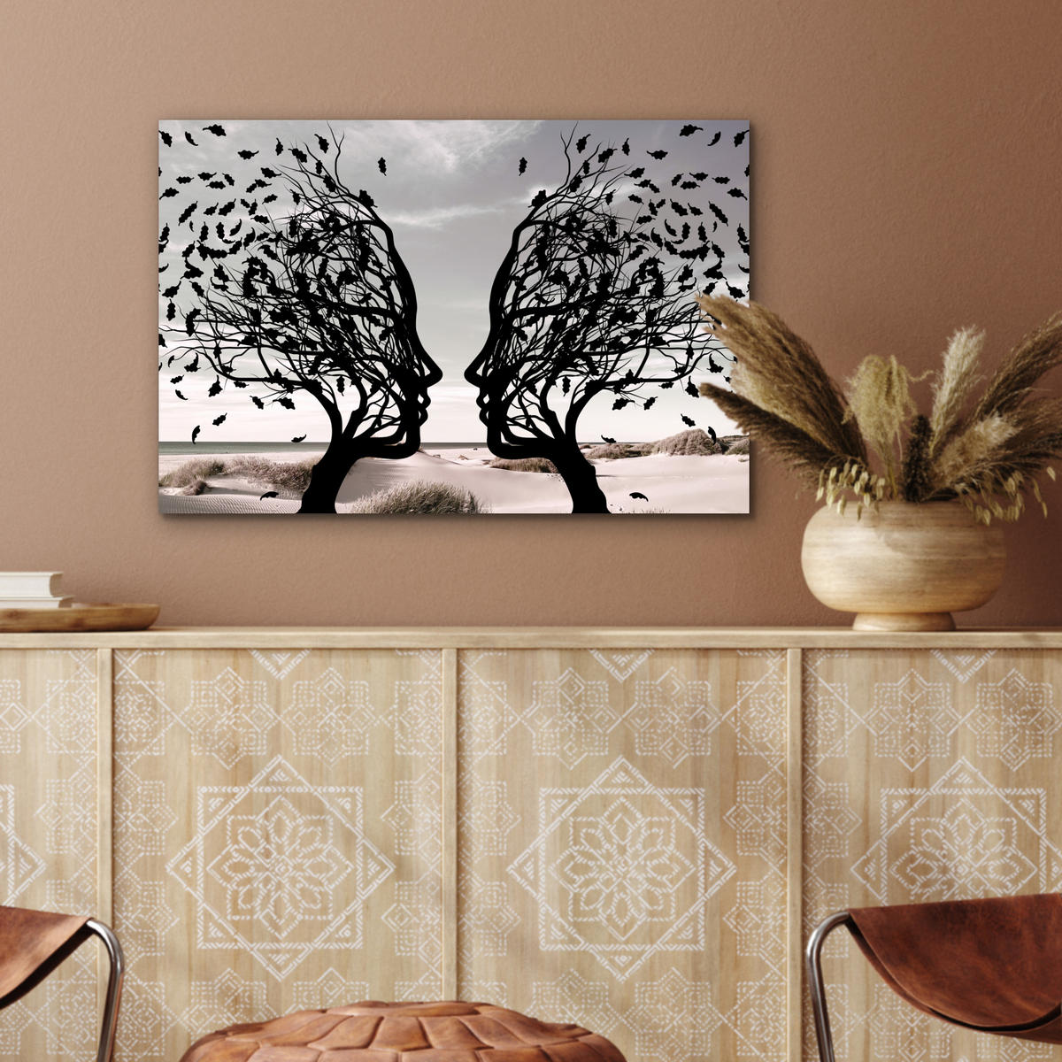 METALLBILD Strand - Meer - Menschen - Baum - Moderne Kunst 60x40 cm - Hellgrau, Metall (60/40cm) - MuchoWow