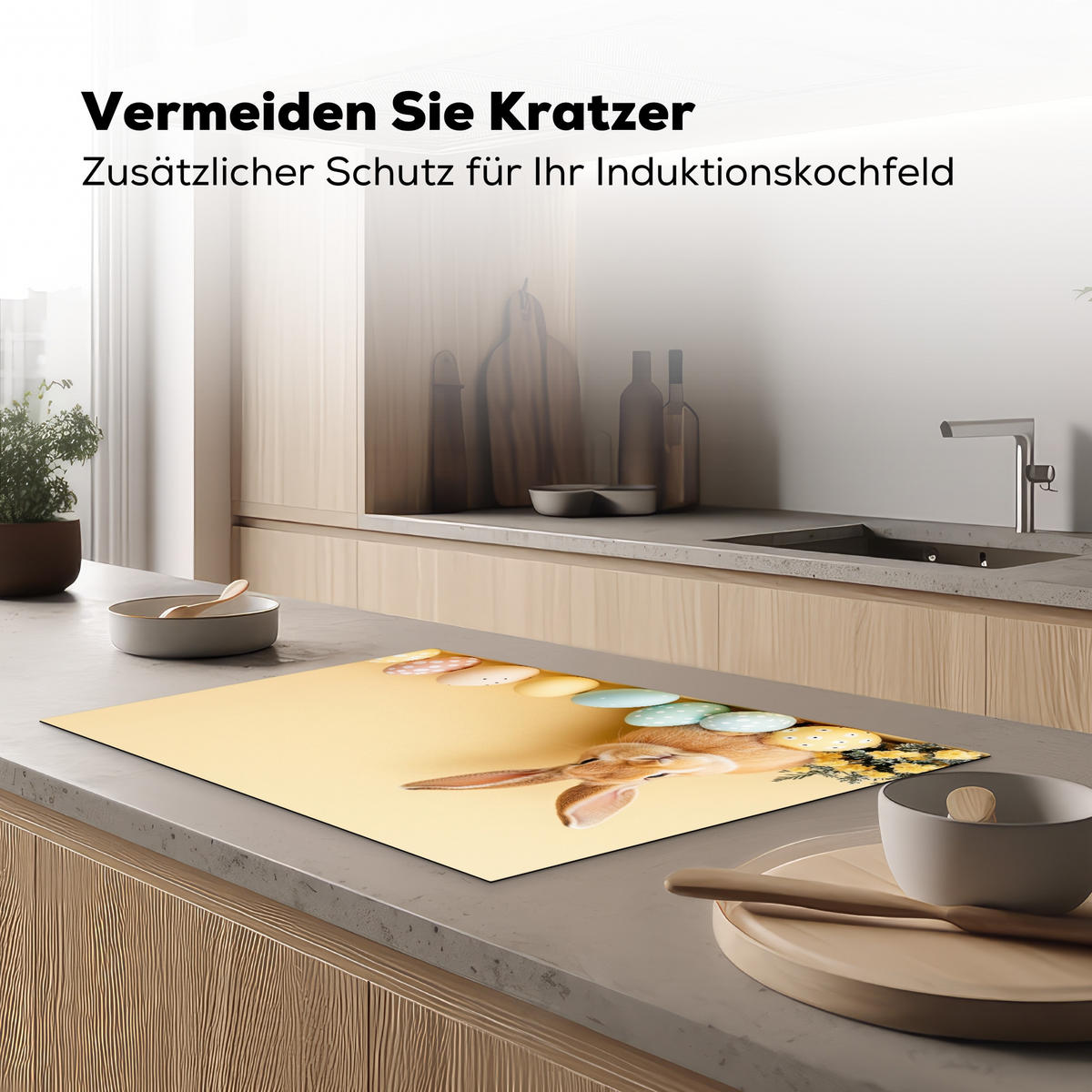 HERDABDECKPLATTE Eier - Kaninchen - Pastellfarbtöne Induktionsschutz 81.6x52.7 cm - Hellgelb, Kunststoff (81.6/52.7/0.2cm) - MuchoWow