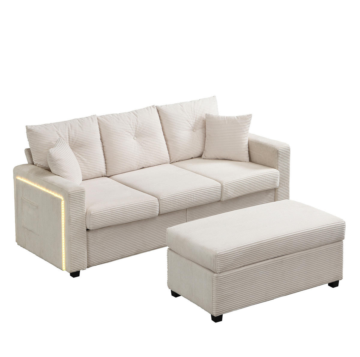 SOFA mit LED und Hocker Cord Beige 5-Kissen-Set - Beige, Kunststoff (184/85.5/84.5cm) - Meubliv