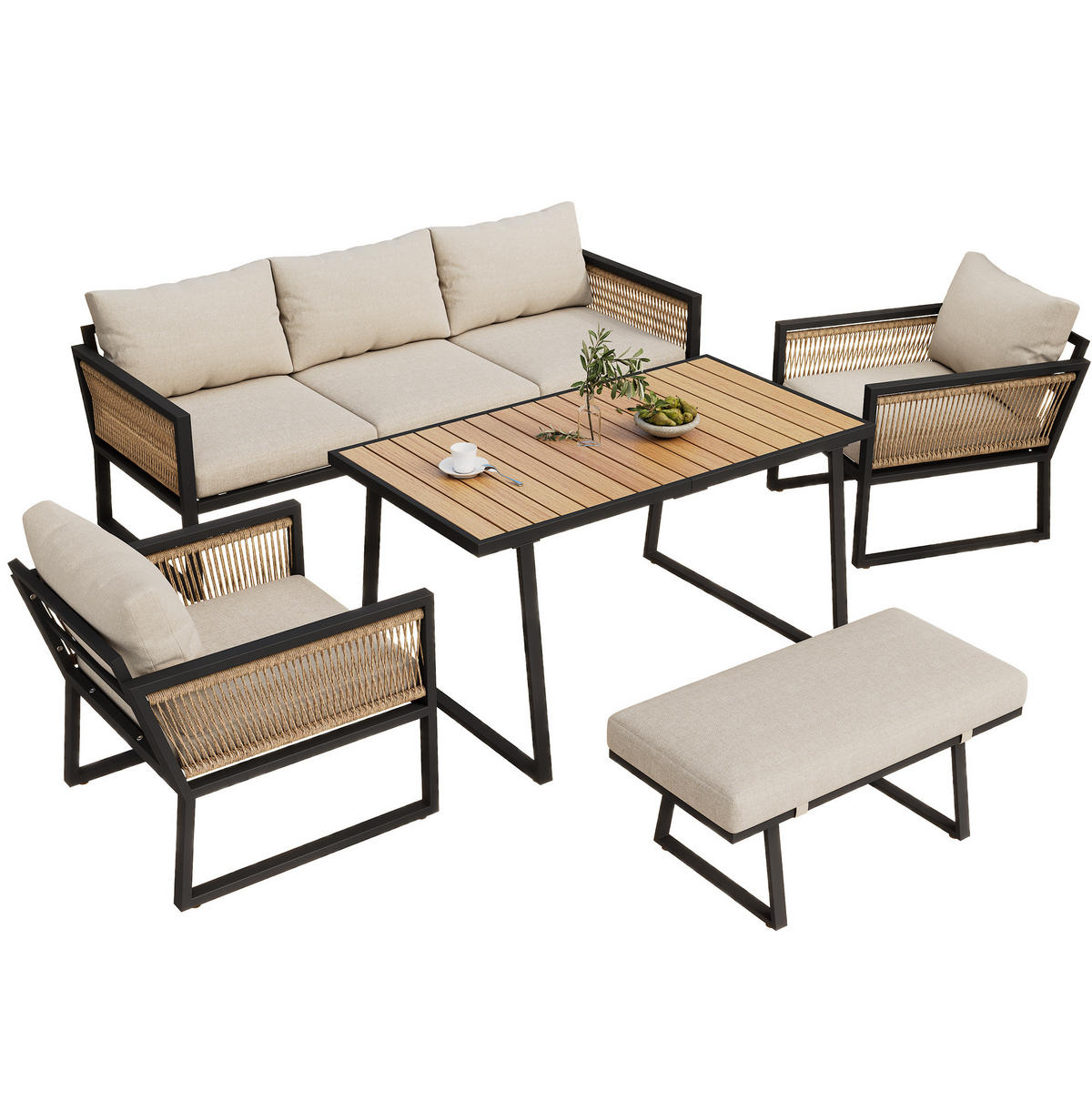 5-TLG. Gartenmöbel-Set mit Esstisch, 3-Sitzer-Sofa, 2 Sesseln und Hocker, mit Seilgeflecht und Kunststoffholzplatte, Beige - Beige, Textil - Redom