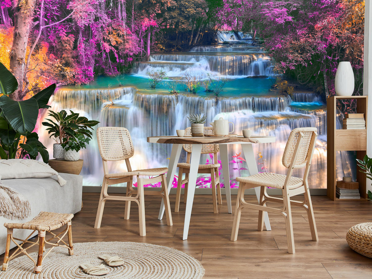FOTOTAPETE für Schlafzimmer Wasserfall Pinker Wald Fantasie 500x350 - Türkis/Beige, Papier (500/350cm) - Muralo