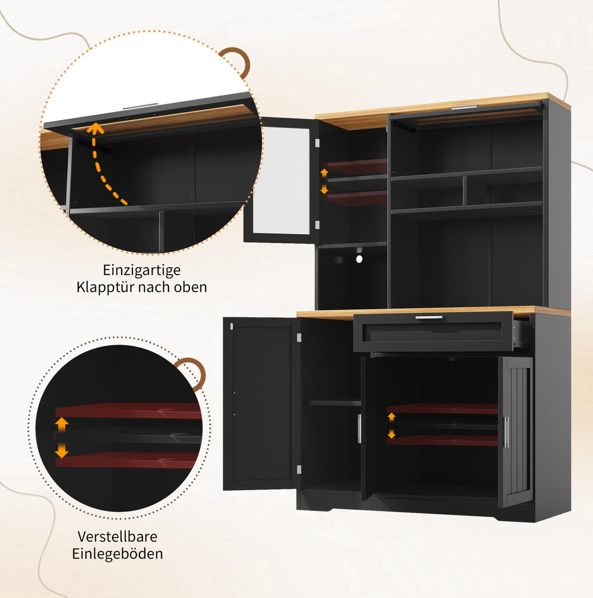 BUFFET 104/40/180 cm in Schwarz mit LED-Beleuchtung und Glastüren - Schwarz, Holzwerkstoff (104/180/40cm) - Flora Grace