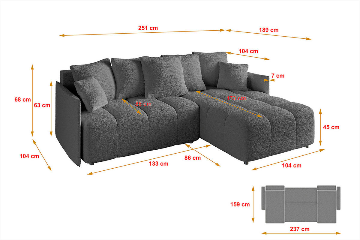 ECKSOFA Ottomane rechts LONLI-L 251x189x68 Platinfarben Bouclé - Platinfarben, Holzwerkstoff/Kunststoff (189/251cm) - ALTDECOR