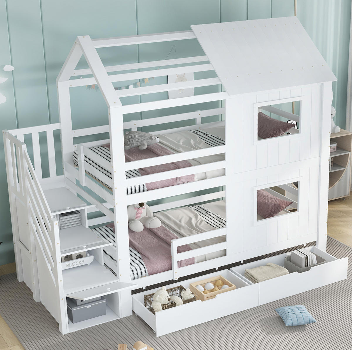 ETAGENBETT 90/200 cm Weiß mit Treppenschrank und Schublade ohne Matratze - Weiß, Holz (90/200cm) - MIVRAY