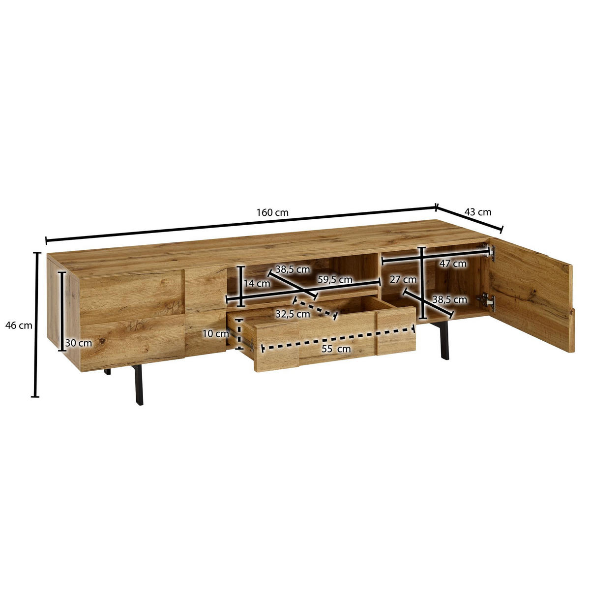 LOWBOARD Eiche-Dekor Modern Stil mit Kachelmuster für Konsolen und DVDs - Schwarz/Braun, Holz/Metall (160/46/43cm) - KADIMA DESIGN