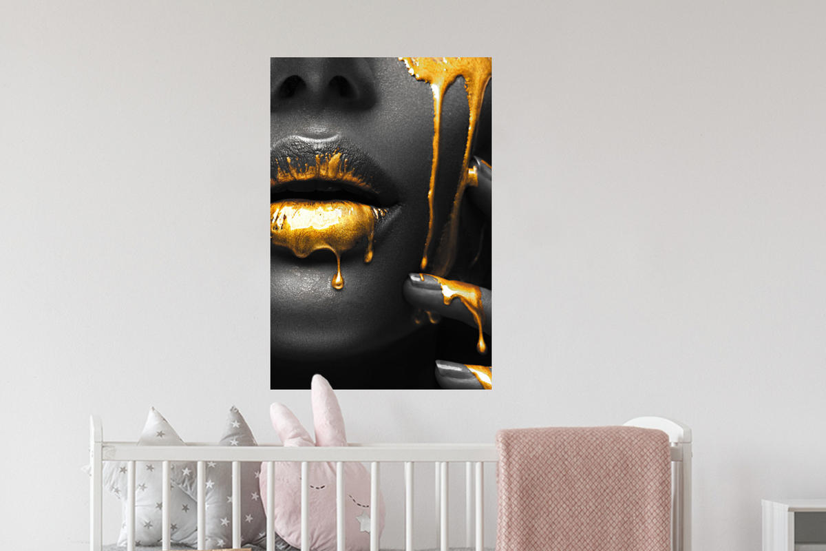 WANDTATTOO Frau - Schwarz - Gold - Gesicht - Lippen 40x60 cm - Goldfarben, Kunststoff (40/60/0.1cm) - MuchoWow