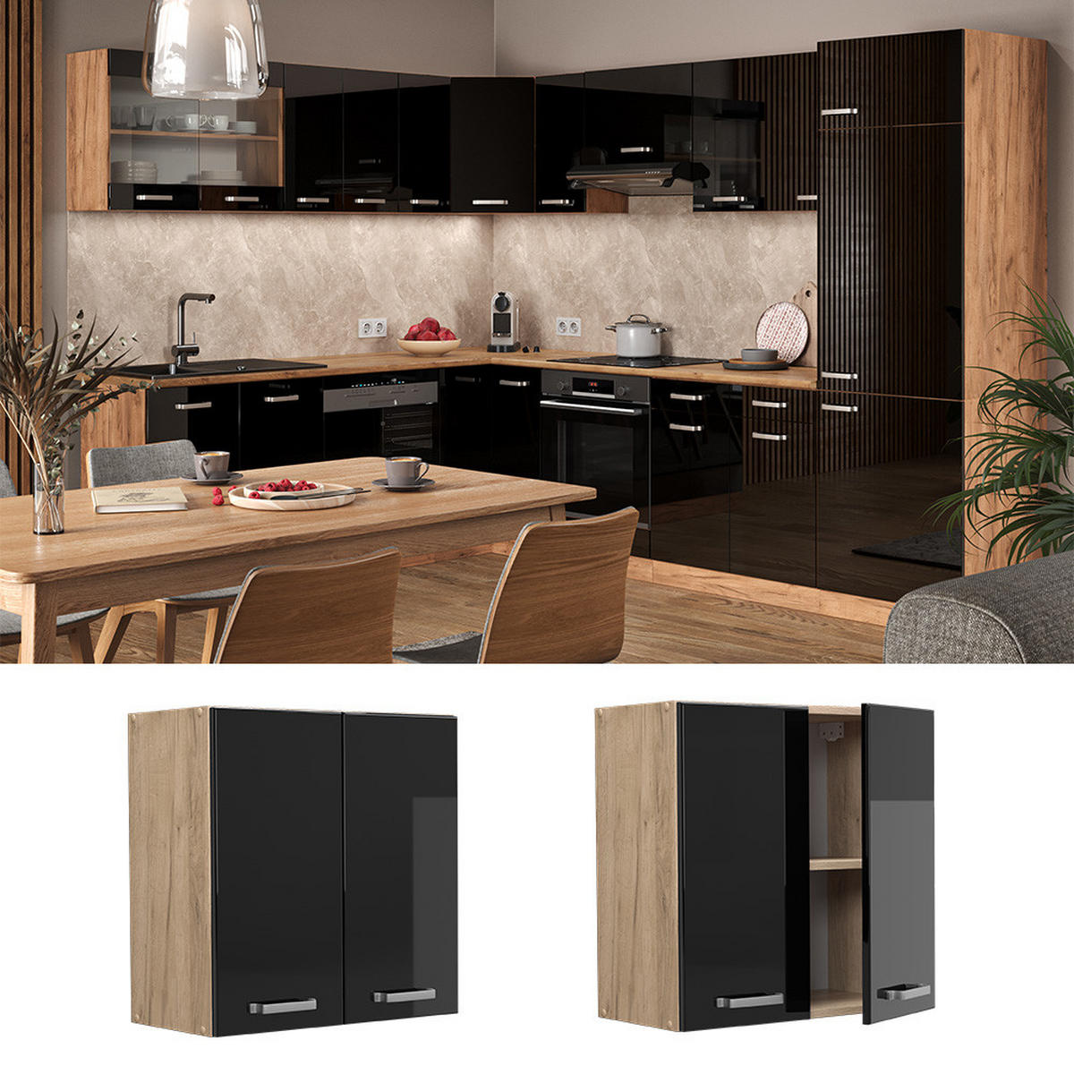 HÄNGESCHRANK R-Line Schwarz Hochglanz 60 cm - Honigeiche/Schwarz Hochglanz, Holzwerkstoff (60/60/31cm) - Vicco