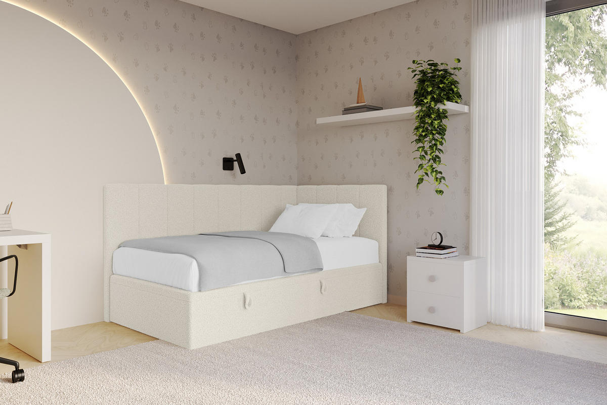 EINZELBETT Jugendbett mit Bettkasten Links, ohne Matratze - LOVY 90x200 Beige - Hellbraun, Holzwerkstoff/Textil (90/200cm) - ALTDECOR