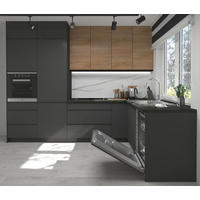 WINKELKÜCHE Avellino lava / Acryl graphit matt & Pembroke - schwarz matt, Arbeitsplatte District Dark 301,8 / 231,8 / 243cm 10-teilig - Braun/Grau, Holzwerkstoff (302/243/232cm) - Feldmann-Wohnen