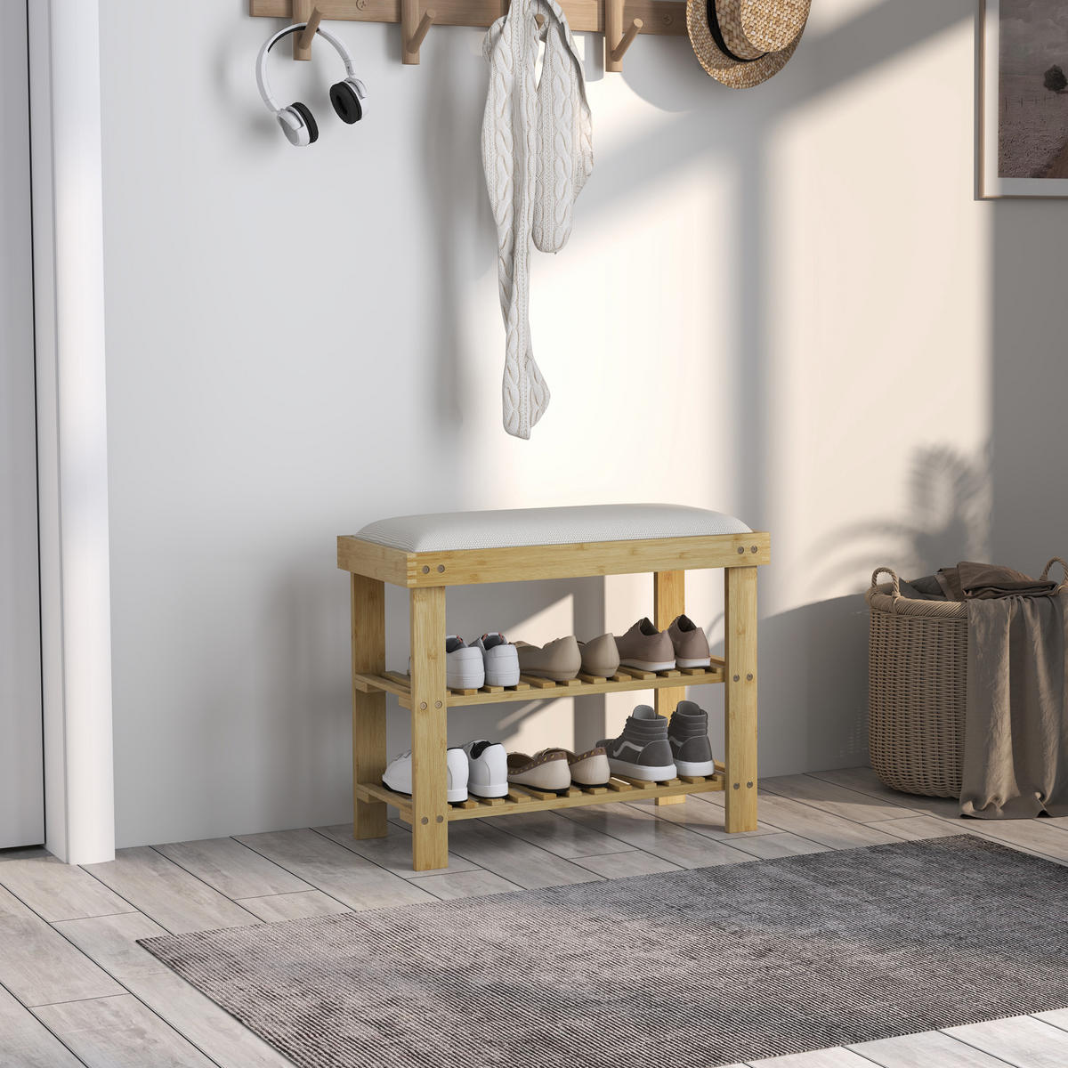 SCHUHBANK mit Sitzfläche, Bambus Sitzbank mit Stauraum, Schuhregal mit 2 Fächer - Multicolor, Textil (29/49/60cm) - HOMCOM