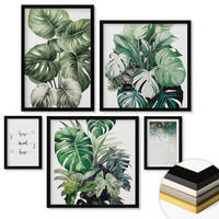 WANDBILDER 5er-Set - 50x50 cm & 20x30 cm & 40x60 cm Schwarzer Rahmen - Aquarell-Monstera-Blätter - Schwarz, Kunststoff (40/60cm) - ArtPrintCave