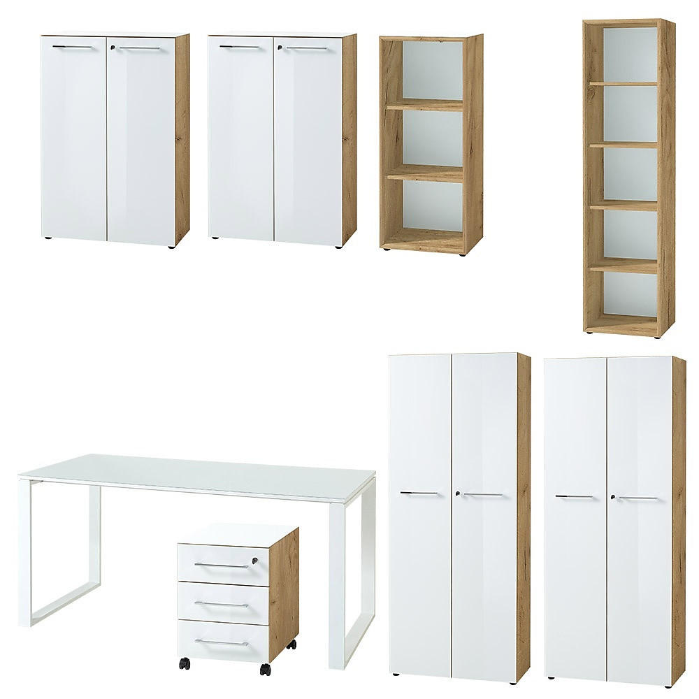 BÜRO-SET MUENCHEN 8-teilig | Glas & Abschließbar & Soft-Close | Chalet-Eiche-Nb./Weiß - Weiß, Holzwerkstoff/Metall (575/196/80cm) - KADIMA DESIGN