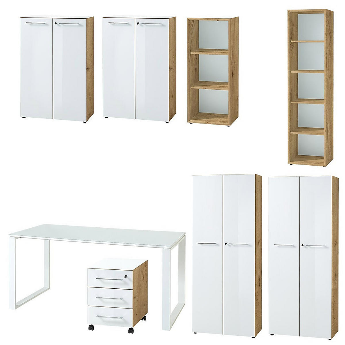 BÜRO-SET MUENCHEN 8-teilig | Glas & Abschließbar & Soft-Close | Chalet-Eiche-Nb./Weiß - Weiß, Holzwerkstoff/Metall (575/196/80cm) - KADIMA DESIGN