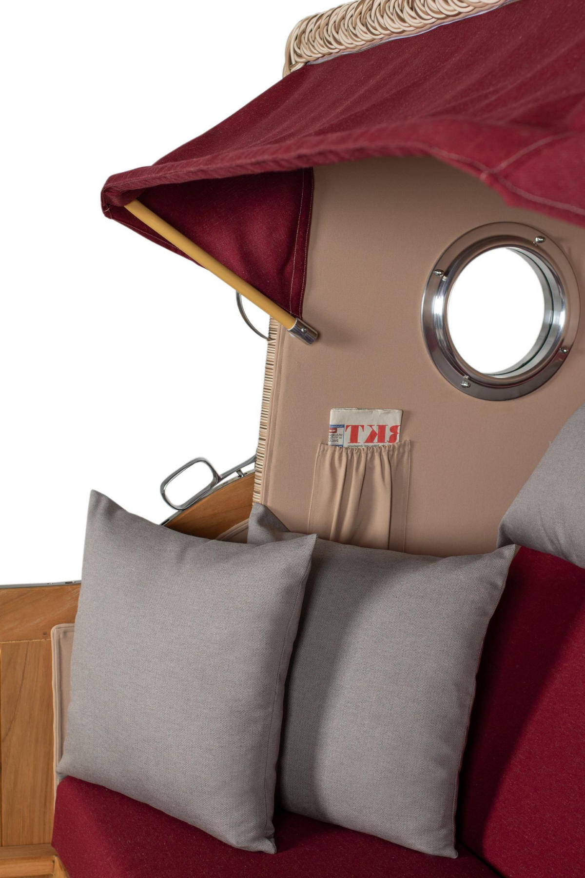 STRANDKORB Komplettset: Ammersee Grande XL Teak Bullauge - PE shell - Modell 594 - Rot/Grau, Holz/Kunststoff (142/165/95cm) - bene living