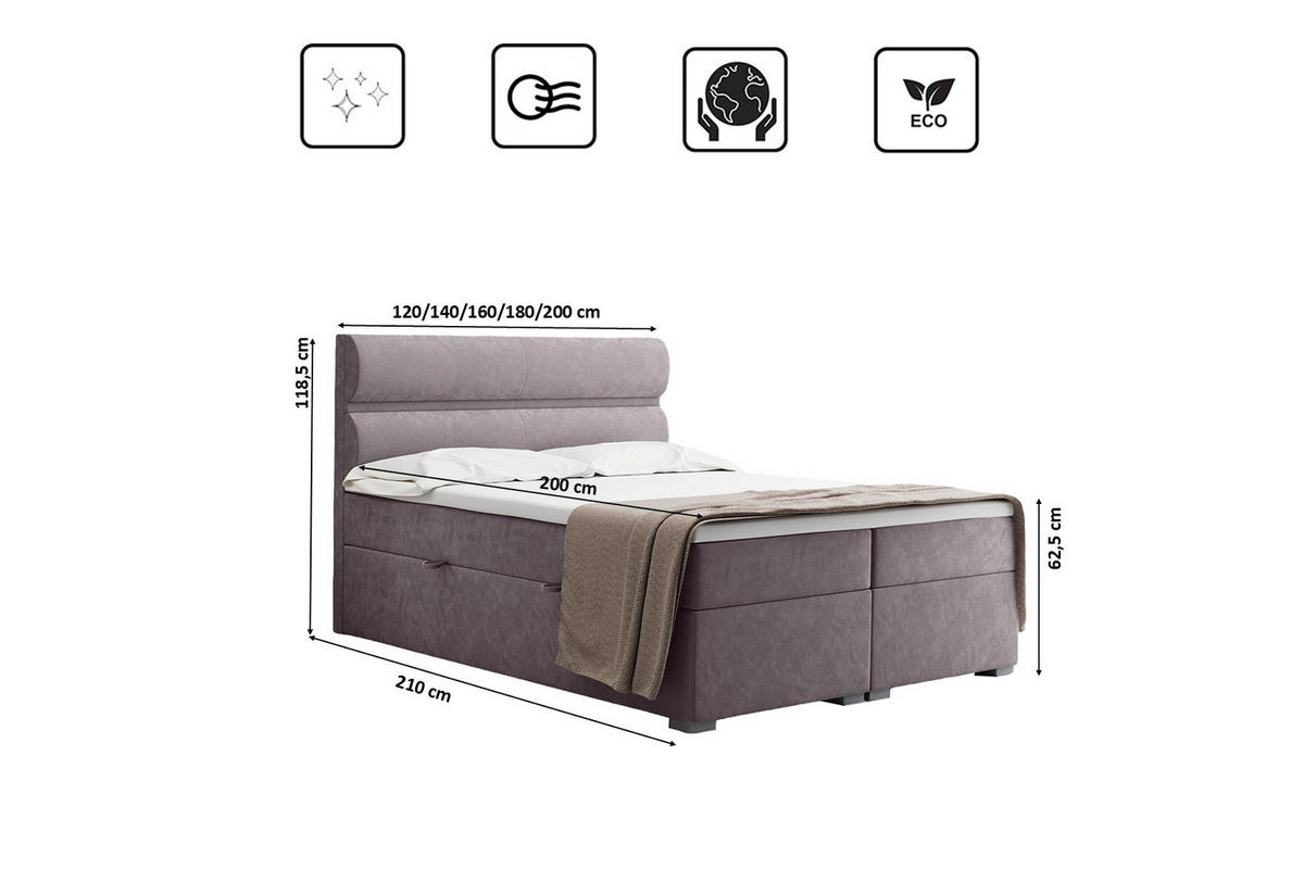 BOXBETT Mit Bettkasten, Matratze Und Topper VERA Stoff Riviera 200x200 cm Lila H2-Pocket - Lila, Holz/Holzwerkstoff (200/200cm) - Kaiser Möbel