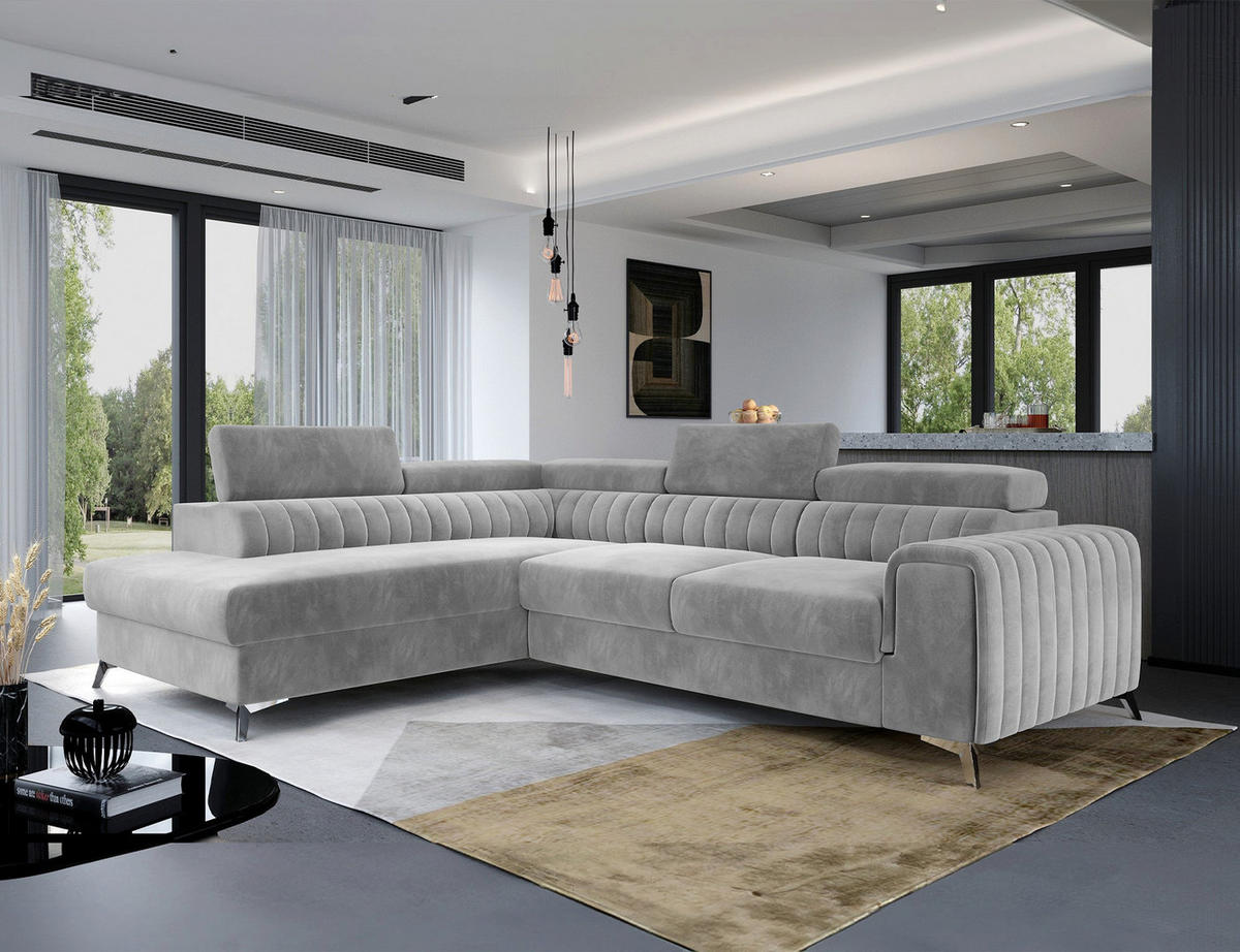 ECKSOFA Laurence mit Schlaffunktion & Bettkasten – 278 x 205 cm, verstellbare Kopfstützen - Grau, Kunststoff (278/205cm) - Wohnideebilder
