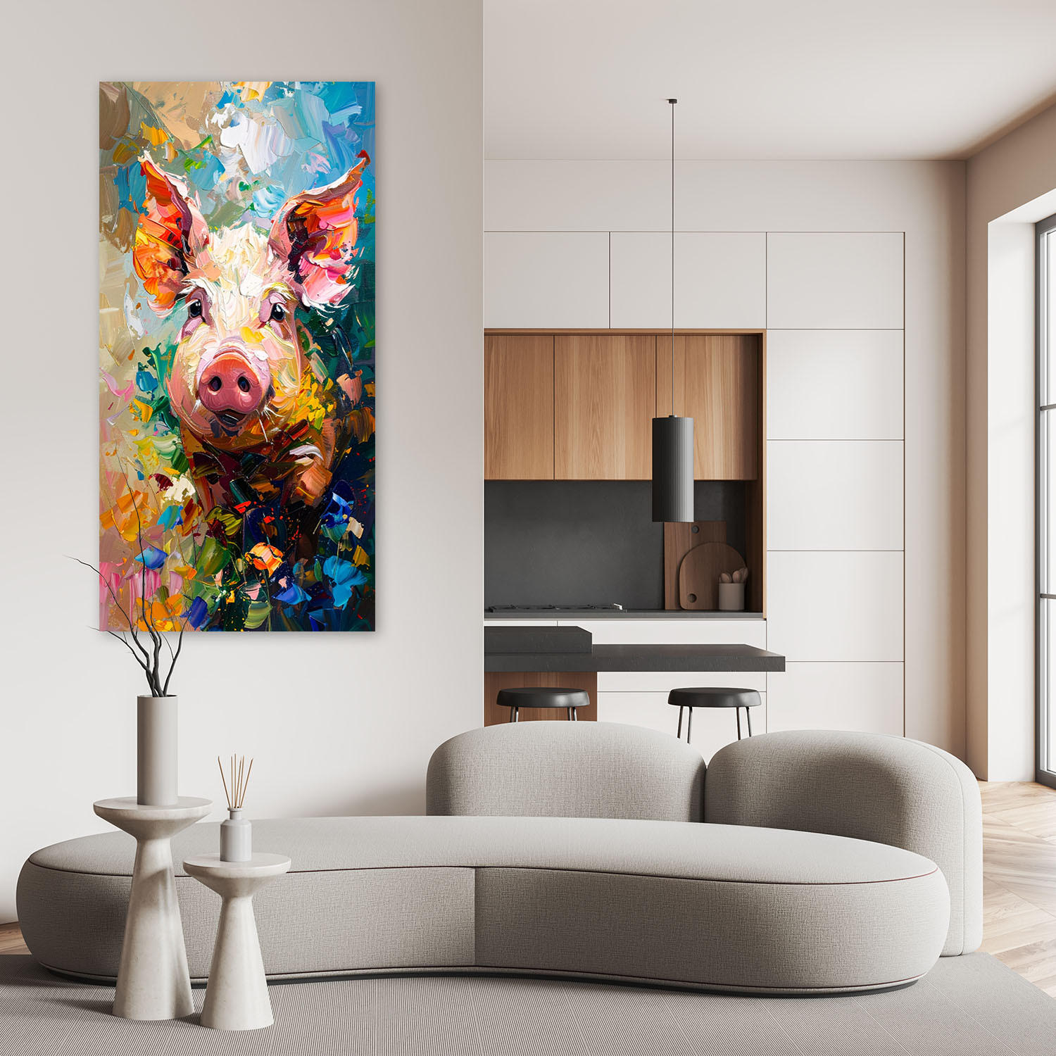 LEINWANDBILD Buntes Schwein Ölfarbe 60x120cm - Multicolor, Textil (60/120cm) - Feeby