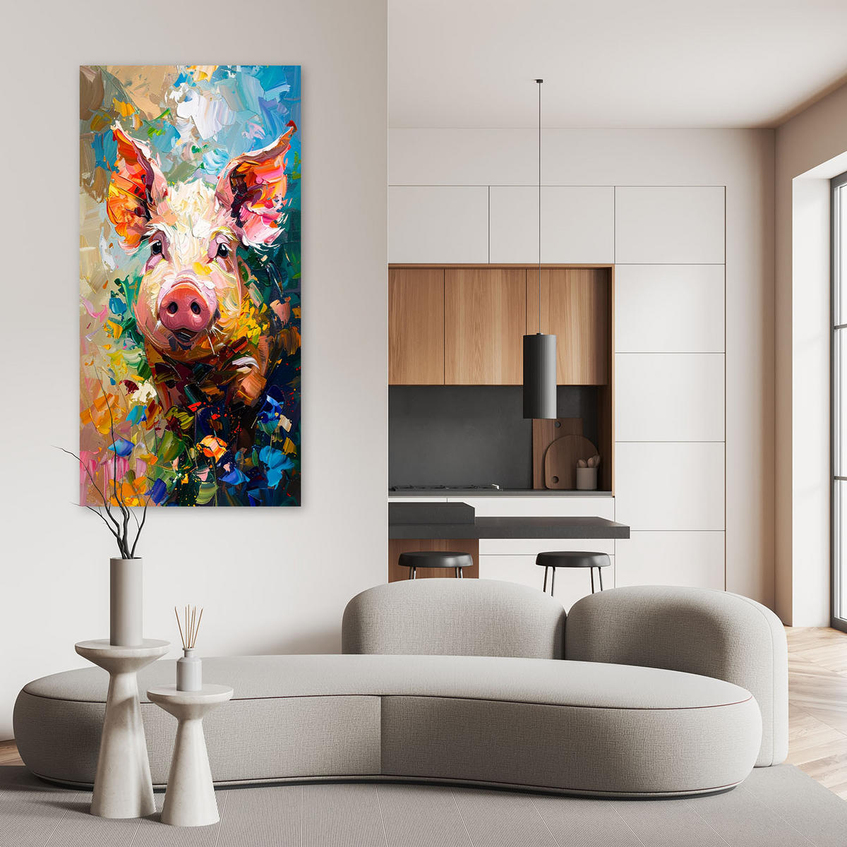 LEINWANDBILD Buntes Schwein Ölfarbe 60x120cm - Multicolor, Textil (60/120cm) - Feeby