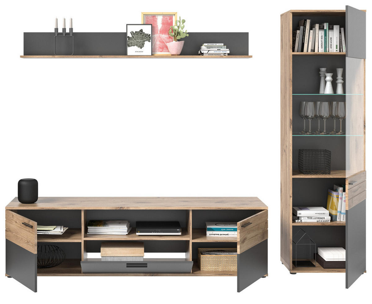 WOHNWAND Eiche, grau 3-teilig 266 cm, Schrankwand mit Soft-Close, Wohnzimmereinrichtung - Eichefarben/Schwarz, Holzwerkstoff/Kunststoff (266/200/47cm) - Inn.Furn