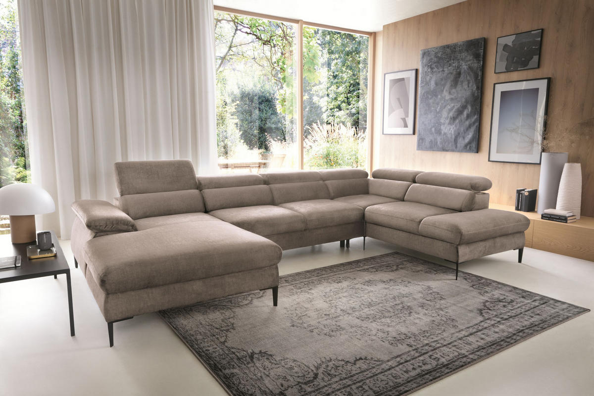 WOHNLANDSCHAFT MESTO Braun Velours-Stoff mit Schlaffunktion - Braun, Holz (353/94/182cm) - MASSENO