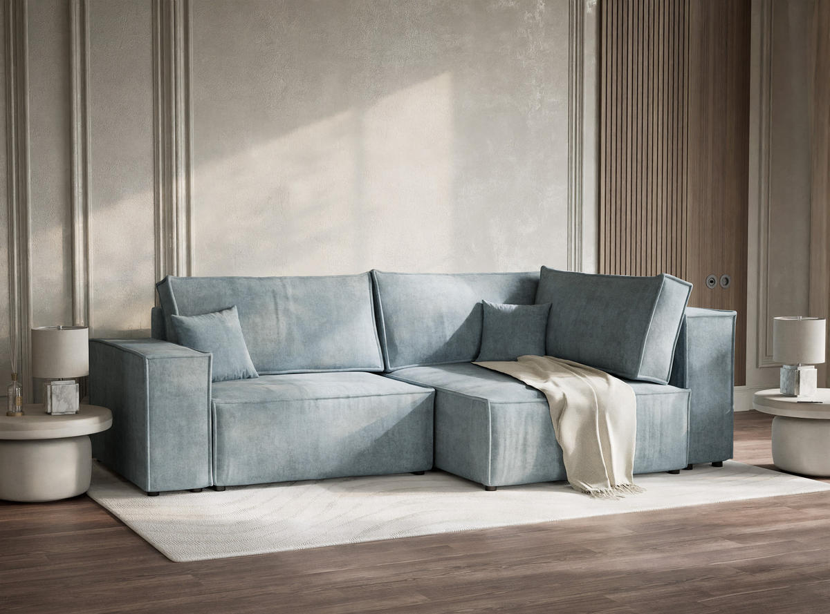 ECKSOFA MIT SCHLAFFUNKTION Tonga Hellblau Webstoff - Schwarz/Hellblau, Holz/Holzwerkstoff (255/105cm) - Maison de Reve