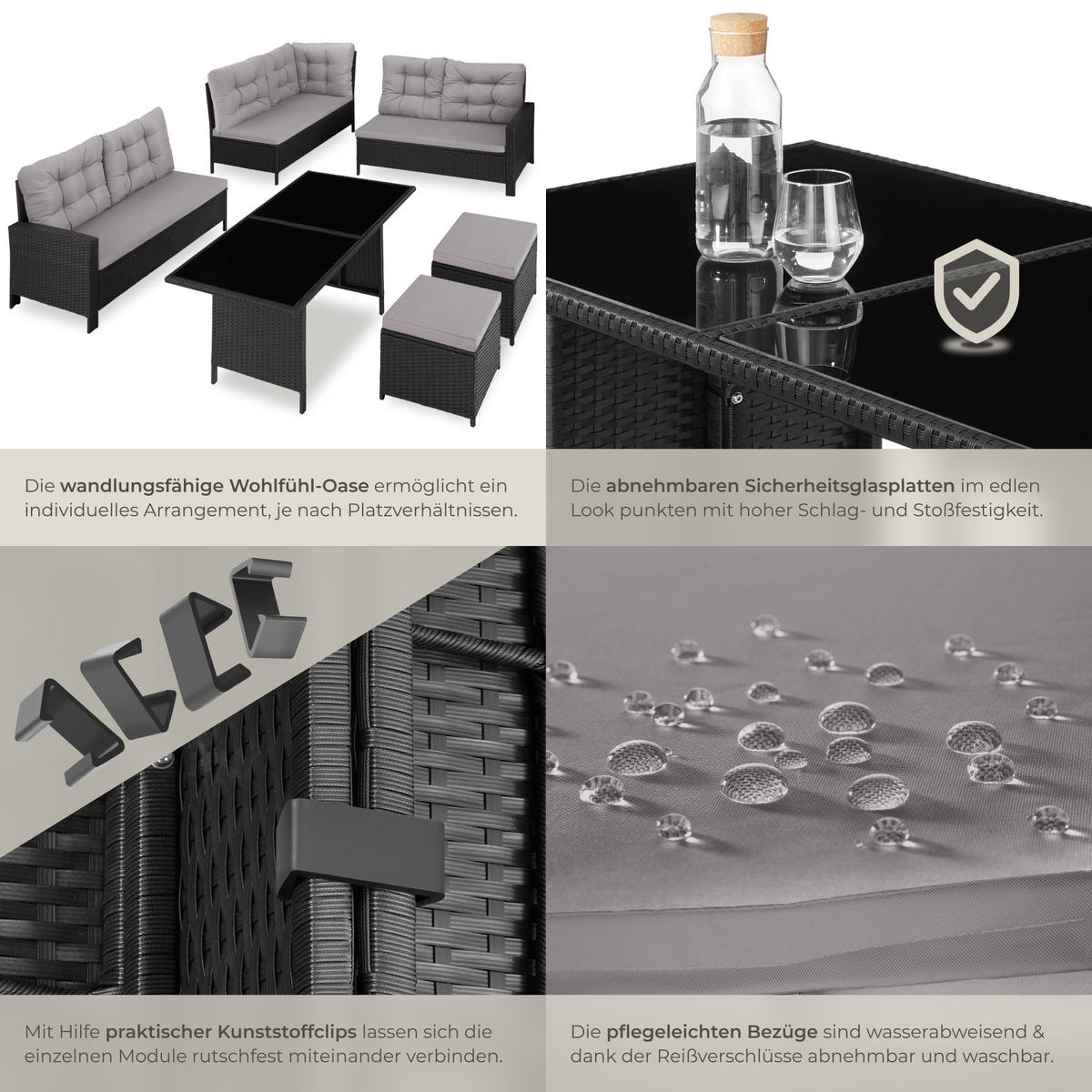 RATTANLOUNGE Barletta,mit Sicherheitsglasplatten,schwarz - Schwarz, Kunststoff - tectake