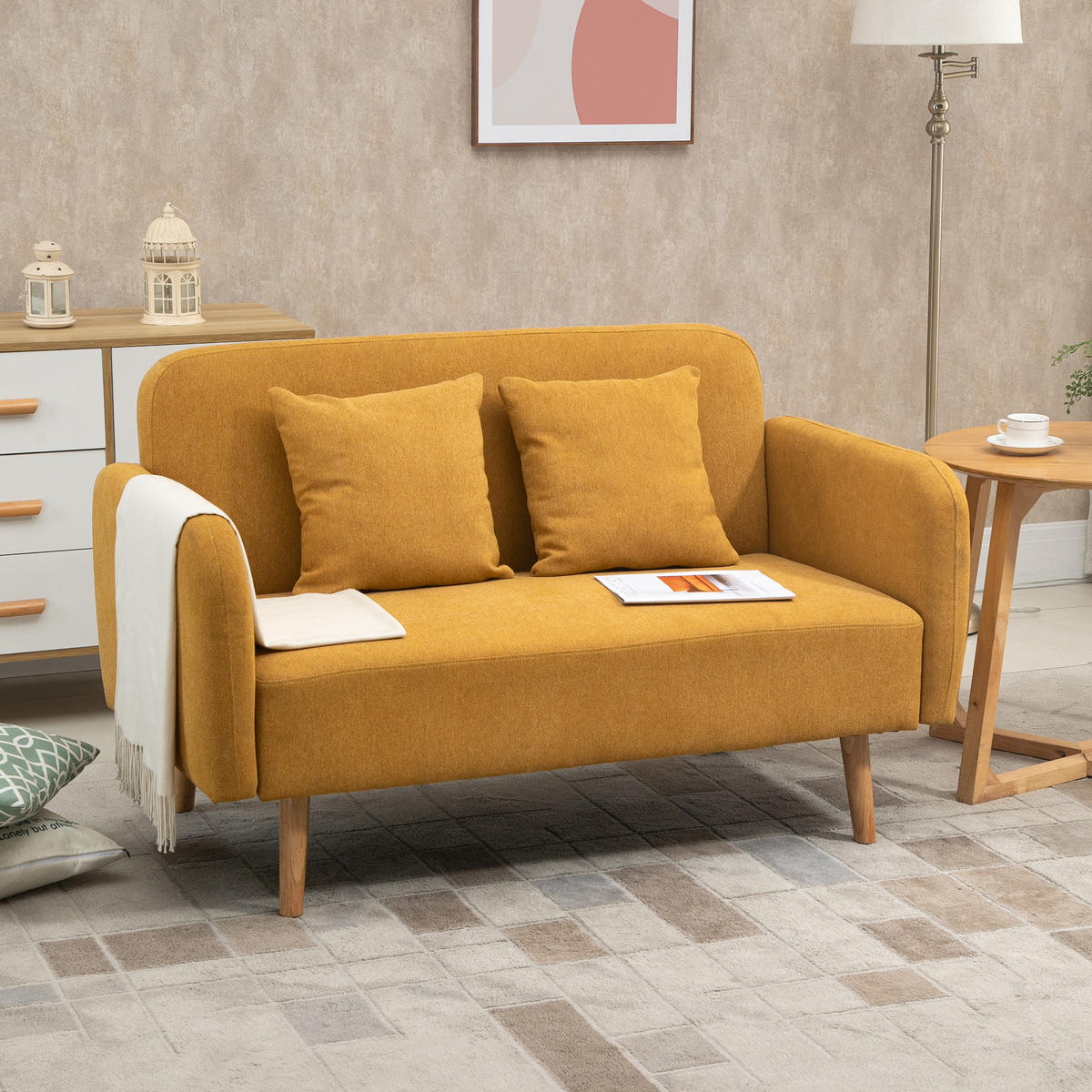 SOFA 2-Sitzer, Polyester Holz Natur+Gelb - Gelb/Naturfarben, Kunststoff (70/80/130cm) - HOMCOM
