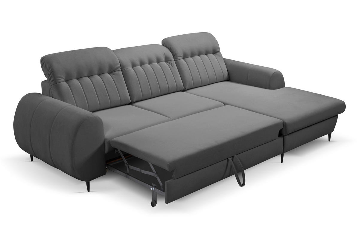 ECKSOFA PURO R-S Grau Plüsch-Stoff mit Schlaffunktion - Grau, Holz (275/166cm) - MASSENO