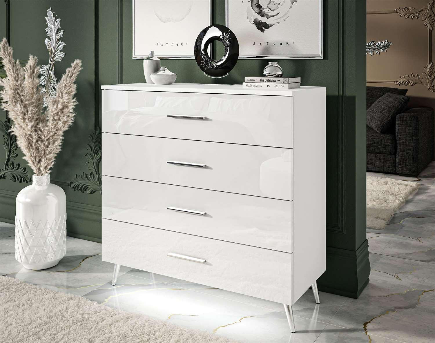 KOMMODE AURA GRIFFE mit Schubladen Beinfarbe – Chrom - Weiß, Holzwerkstoff (95/90/40cm) - Lookway