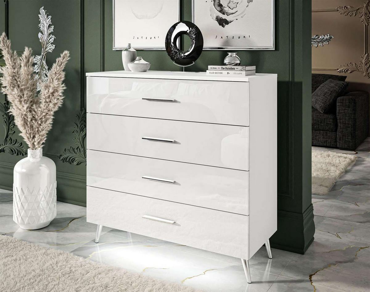 KOMMODE AURA GRIFFE mit Schubladen Beinfarbe – Chrom - Weiß, Holzwerkstoff (95/90/40cm) - Lookway