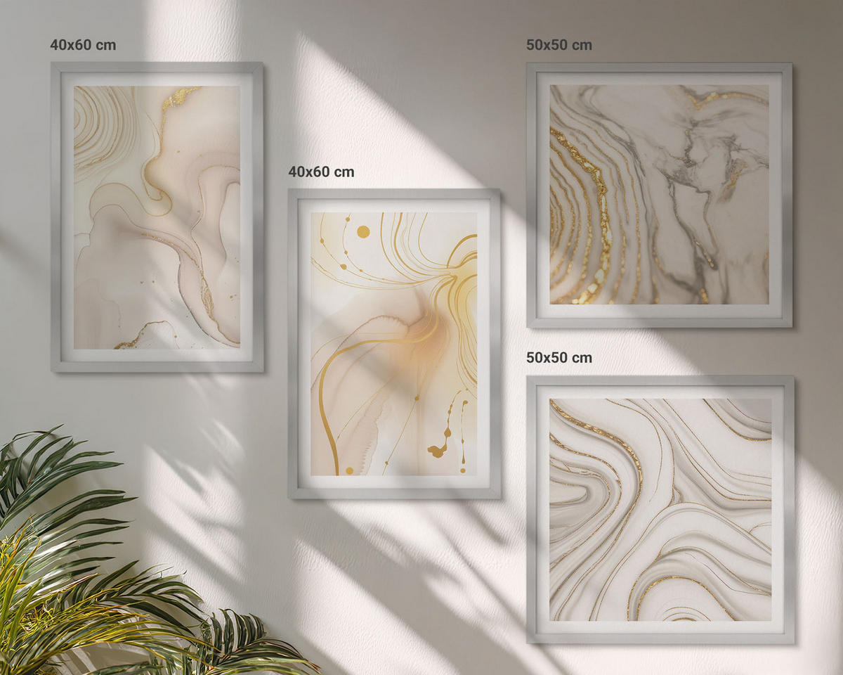 BILDER SET 4er Set - 50x50 cm & 40x60 cm Silberner Rahmen - Subtile abstrakte Muster - Silberfarben, Kunststoff (50/50cm) - TULUP