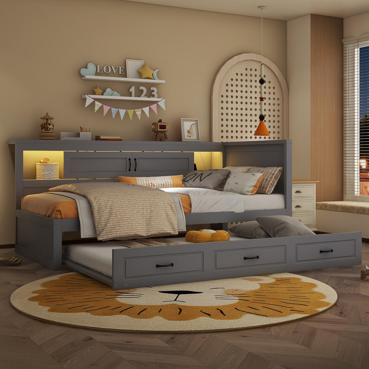 BETT 90/200 cm mit Ausziehbett, LED, USB und Stauraum in Grau - Grau, Holzwerkstoff (90/200cm) - BEAOK
