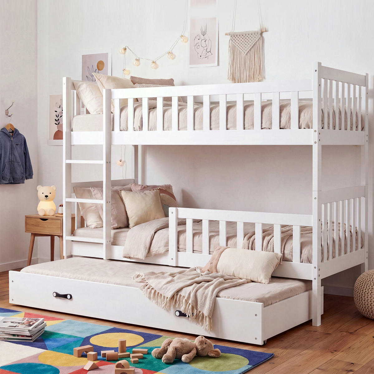 INTERBEDS Etagenbett Jakob 90/200 cm, Weiß, massive Kiefer, erweiterbar in 2 Einzelbetten, mit Bettkasten / Schublade, Rausfallschutz & Lattenrost - Weiß, Holz (90/200cm) - Interbeds