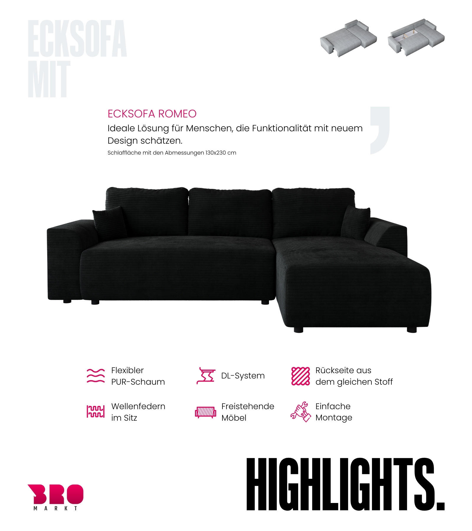 Thumbnail - Bromarkt Ecksofa, Schwarz, Textil, 3-Sitzer, L-Form, 285x185 cm, Wohnzimmer, Sofas & Couches, Wohnlandschaften, Ecksofas