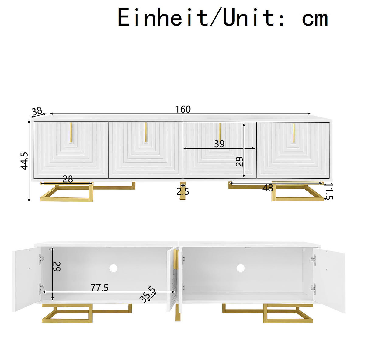 LOWBOARD 160/38/44,5 cm aus Spanplatte mit 4 Türen und goldfarbenen Metallfüßen Weiß - Weiß, Holzwerkstoff (160/44.5/38cm) - Modenvie