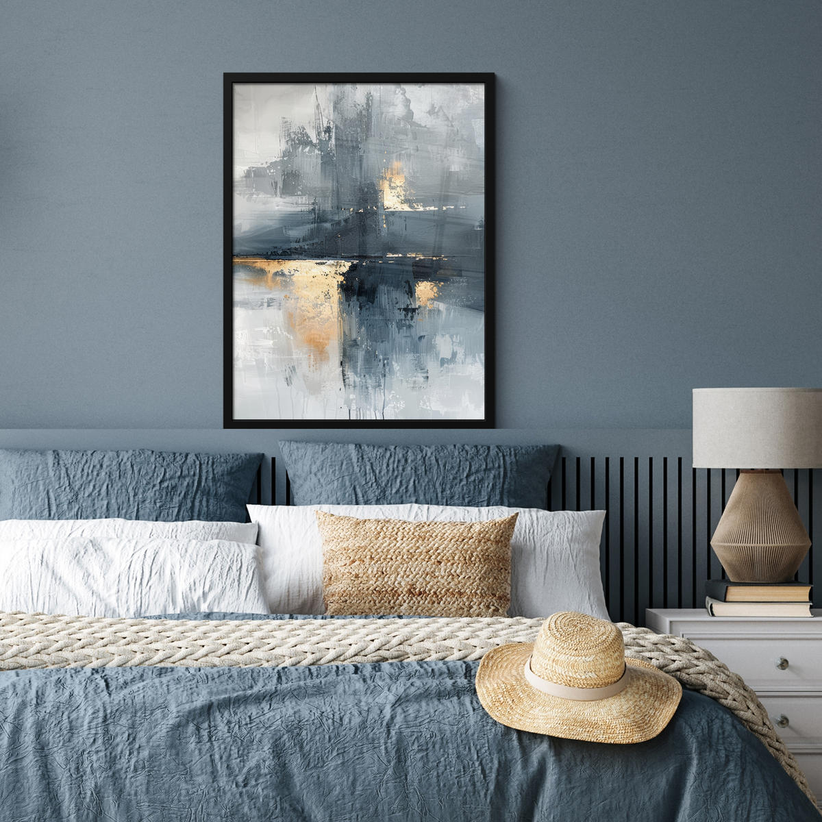 GERAHMTES BILD Kunst - Grau - Gold - Abstrakt 60x80 cm - Dunkelgrau, Papier (60/80cm) - MuchoWow