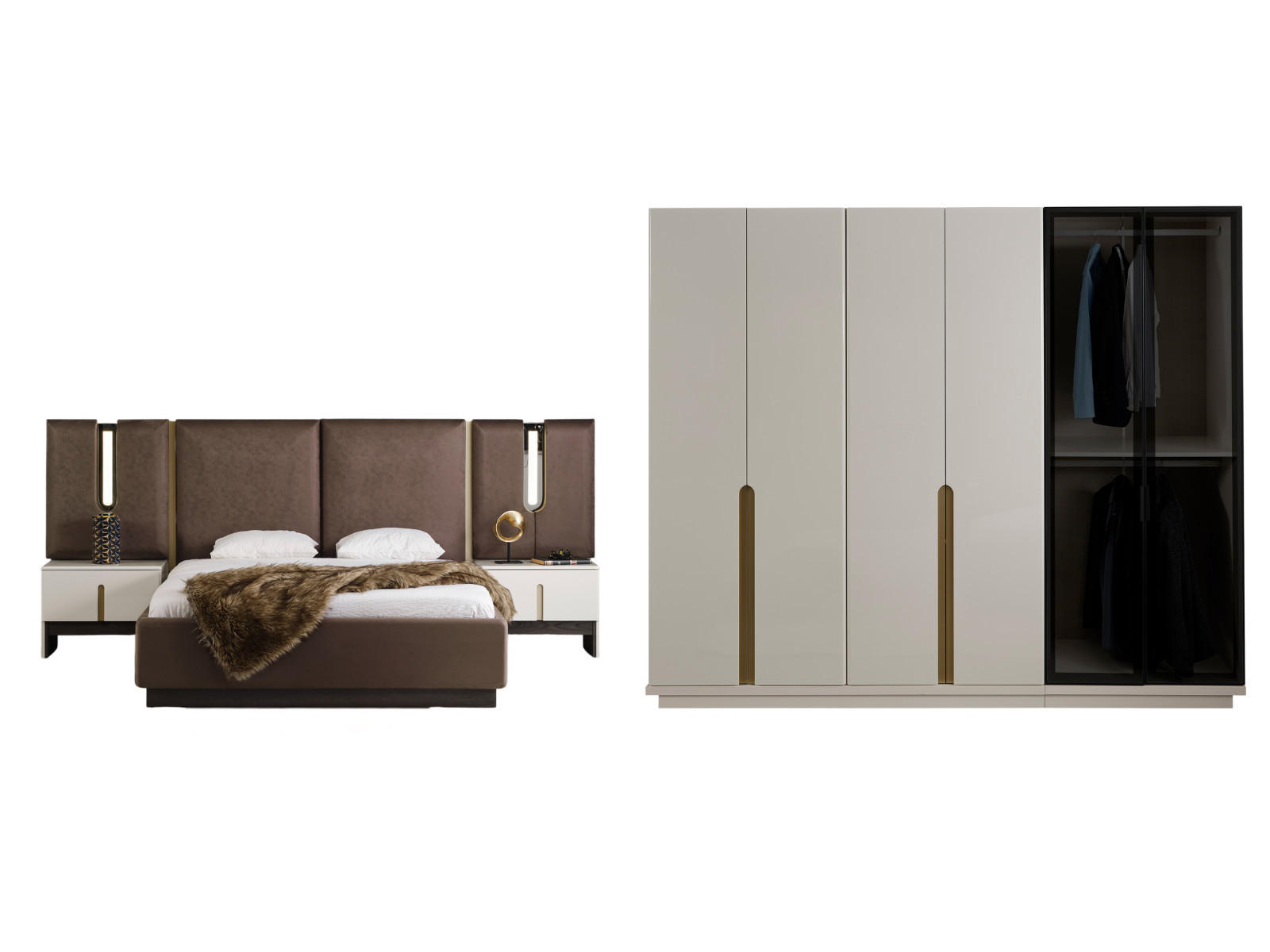 BETTANLAGE PEDRO BROWN Schlafzimmer-Set, 4-teilig, Braun, Bett mit Kopfteil, 2 Nachttische und Kleiderschrank - Braun, Leder/Holzwerkstoff (160/200cm) - Villa Möbel