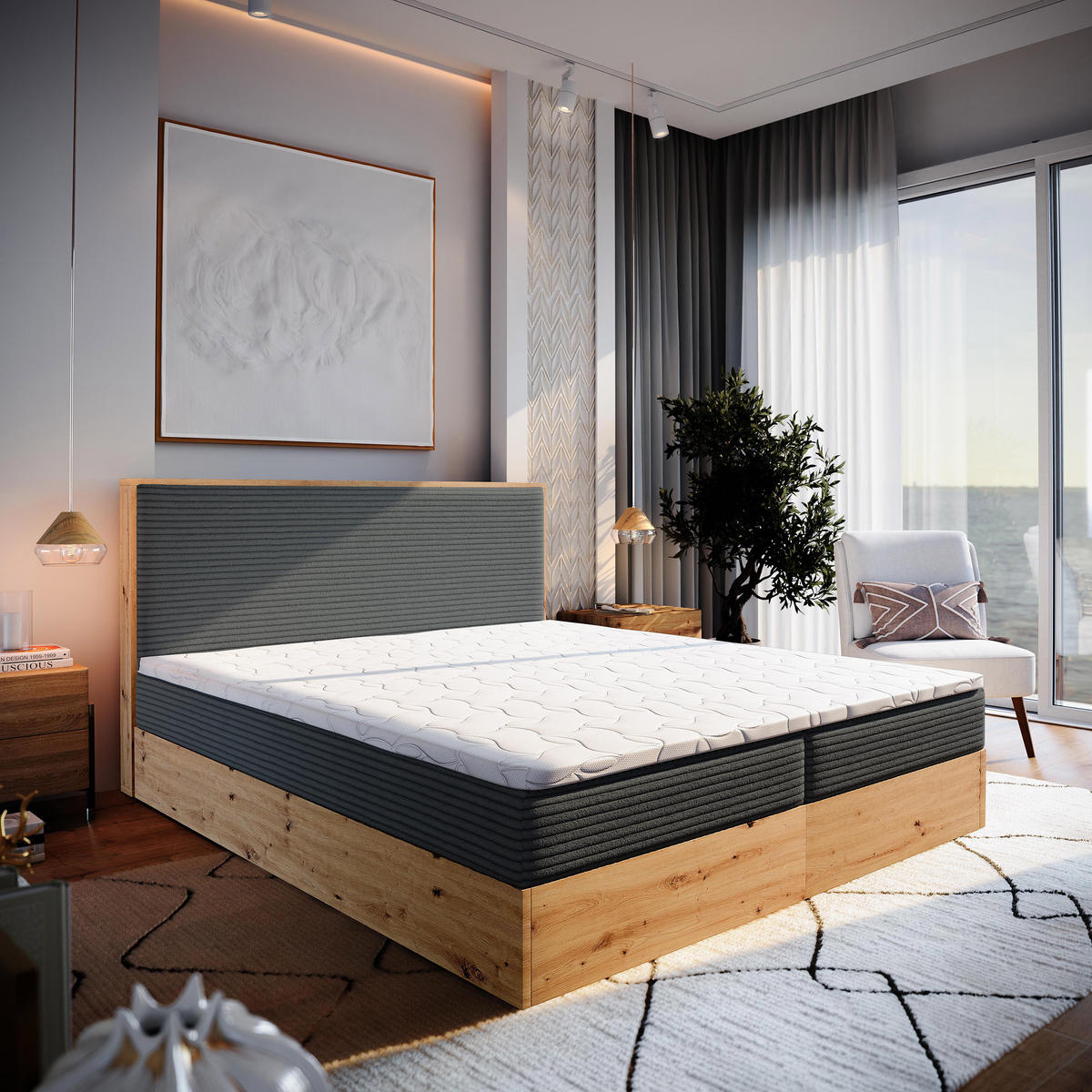 POSTEL BOXSPRING VERDON 160x200 cm, s matrací a úložným prostorem, grafitová - grafitová, kompozitní dřevo/textil (160/200cm) - MASSENO